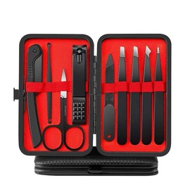 Professional Manicure Kit with Nail Clippers and Tweezers, 10-Piece Stainless Steel Set, Black and Red Case (Eyebrow Set-9Pcs)