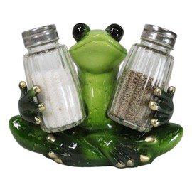 Ebros Gift 'Croak Spice' Green Tree Frog Toad Meditating Glass Salt Pepper Shakers Holder Figurine Set 4.25"High Whimsical Pond Swamp Rainforest Frogs Toads Kitchen Accent Decor