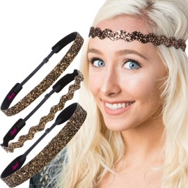 Hipsy PLUS Size, Adjustable No Slip Sparkly Bling Mixed 3pk Headbands for Women Girls & Teens (Bling Glitter Mixed Brown)