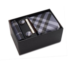 FANGCCC Ties for Men Set with Pocket Square Cufflinks Tie Pin Silk Stripes Checked Business Tie Men's Tie Set Wedding Formal, Grey/black chequered