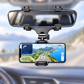 Rearview Mirror Phone Holder for Car, Adjustable Navigation Phone Mount with Spring Grip, Rotating Bracket & Padded Clips, Black  Copy Title