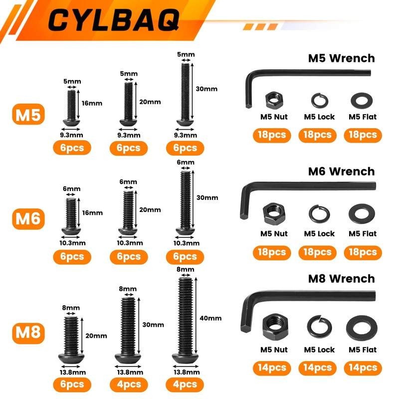 Nuts and Bolts Set M5 M6 M8, CYLBAQ Black Hex