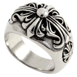 sakuto Men's Ring, Stainless Steel, Floral Cross, Cross Ring, Silver Color Accessory, No Gemstone