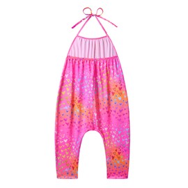 Alikhonf Girls Jumpsuit Size 5-6 Years Old Backless Loose Harem Long Pant Neon Pink Heart Halter Romper