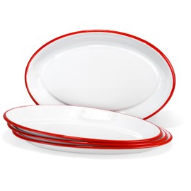 Red Co. Set of 4 Enamelware Metal Classic 13" Serving Oval Tray Platter, Solid White/Red Rim