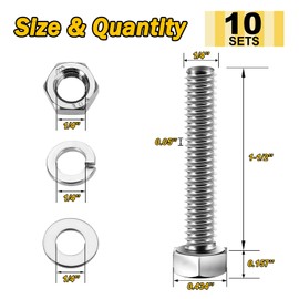 Mywish (10 Sets) 1/4-20x1-1/2 Hex Head Nuts and Bolts with Flat & Lock Washers, 304 Stainless Steel 18-8, Fully Threaded, 1/4 Bolt Metric Bolt Assortment