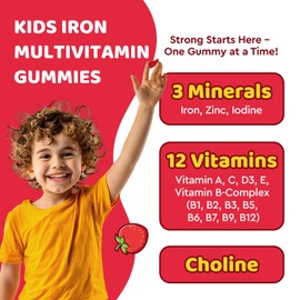 Iron Supplement Gummies for Kids, Kids Multivitamin with Iron Gummies - Zinc, Vitamin B Complex, A, C, D3, B12, Folate for Blood Builder & Energy Support, Iron Deficiency, Vegan Strawberry 120ct