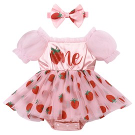 FYMNSI Baby Girl 1st Birthday Outfit Short Sleeve Bodydress with Headband 2-Piece Clothing Set, red, 12-18 months