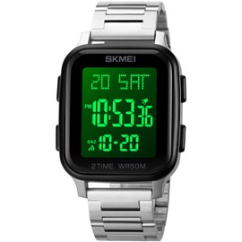 Gosasa Classic Square Face Unisex Mujer Hombre Digital Multifunción Al Aire última intervensión Reloj Casual Cuenta Regresiva 50M Impermeable Luz Led Reloj de pulsera, Acero - Plata Negro, Digital