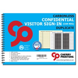 Cherry Carbonless NCR GDPR Compliant Confidential Visitor Sign with CAR REG in Duplicate Wiro Book A4 50 Sets