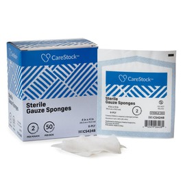 CareStock Gauze Sponge, 4 x 4 in. 8-Ply - Highly Absorbent, Medical-Grade Cotton Wound Dressing, First-Aid Essential - Sterile, 2 per Pack, 50 Packs, 100 Total