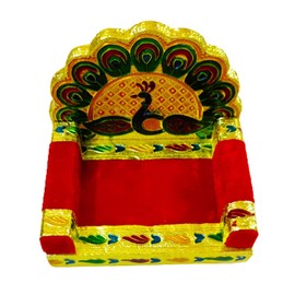 DMS RETAIL Peacock Motif Sinhasan for Mandir | Wooden Decorative Seat for Laddu Gopal, Krishna, Ganpati and Temple Decor (5 Inch)