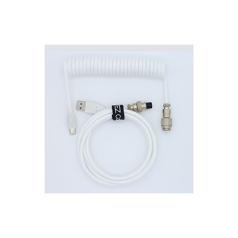 White Coiled Cable for Mechanical Keyboards (5 ft, USB-C Nickel