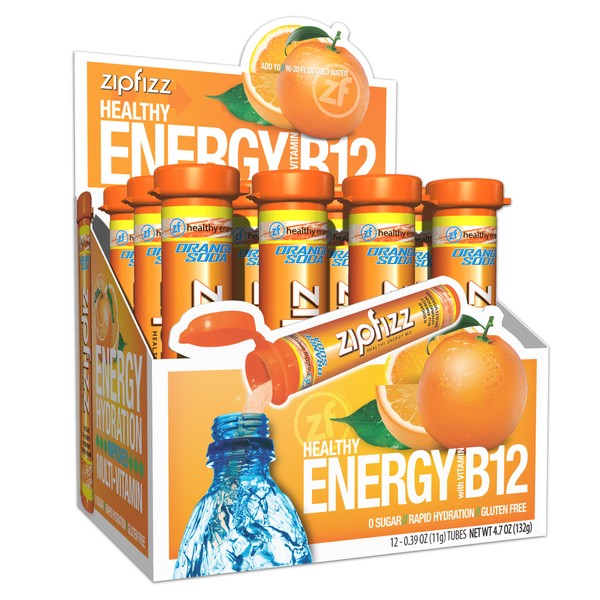 Zipfizz Energy Drink Mix, Electrolyte Hydration Powder with B12 and Multi Vitamin, Orange Soda (12 Pack)