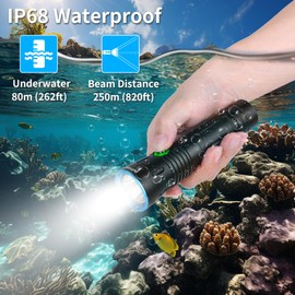 Rechargeable LED Flashlight Scuba Dive Light 80M Underwater Waterproof Flashlight Submarine Light, Super Bright LED Flashlights Dive Torch for Diving, Camping, Hiking Safety at Night