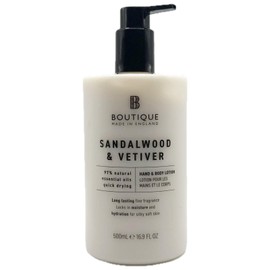 Boutique Sandalwood & Vetiver Hand and Body Lotion, 16.9 Fl Oz, 97% Natural Essential Oils, Quick Drying, Vegan