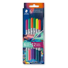 STAEDTLER STAEDTLER 3280C6E2-1 - Rotulador de doble fibra bicolor, dos puntas, dos colores diferentes, anchos de línea de 3 mm y 1 mm, estuche de cartón con 6 rotuladores en colores surtidos
