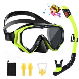 HIKOTEY Children's Snorkel Set, Dry Snorkel Set, Anti-Fog Panorama, Anti-Leak Diving Mask, Dry Snorkel with Waterproof Earplugs, Snorkelling Set for Boys (4-12 Years), Yellow + Black