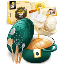 CRUSTLOVE Dutch Oven for Bread Baking - incl. Sourdough Bread-Baking Supplies like Banneton Bread-Proofing Basket - 5QT Enameled Cast Iron Bread-Oven with Lid, Baking Pan, Scoring Tool Lame