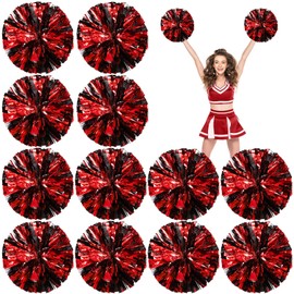 Deekin 12 Pack Cheerleading Pom Poms, Metallic Foil Pom Poms with Handle Cheer Squad Team Spirited Fun Pom Poms for Party, Sports Dance Cheer, 12 Inch, 50g Weight Each(Red, Black)