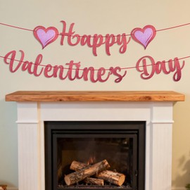 Oeyliz Happy Valentines Day Banner Valentines Day Garland with Hearts Pattern Glitter Valentine's Day Banner DIY Valentine's Day Outdoor Indoor Home Party Hanging Decorations
