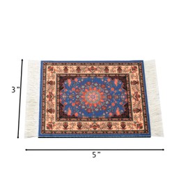 Set of 4 Rug Table Coasters – Oriental Design Fabric Carpet Drink Mats Absorbent Kitchen and Dining Accessories, Spill & Drip Protection, Rectangular, Red Blue