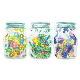 QQ Studio Colorful Doughnut/Leaf Print Frosted Polyethylene Plastic Jar Shaped Zip Closure Bags for Favor Treat Party Guest Bags (Pack of 100) (Mixed Design #1, 5" x 8")