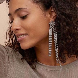 TseenYi Chandelier Long Tassel Earrings Long Rhinestone Frings Earrings Silver Crystal Tassel Earrings Shine Bridal Cz Earrings Jewelry for Women and Girls Gifts