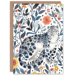 Artery8 Greeting Card Snow Leopard Blue Orange Floral Watercolour Blank For Him Or Her Art Birthday Card