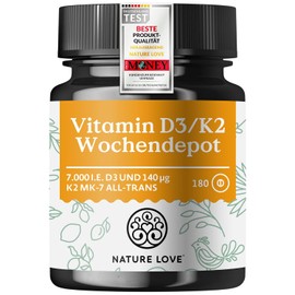 Nature Love Vitamin D3 K2 Weekly Depot - 180 Vegan Tablets - 7000IE D3 + 140µg K2 per Tablet with >99.7% All-Trans - High Dose & Vegan - Laboratory Tested, Produced in Germany