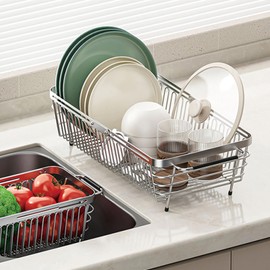 FUCIHOMA Expandable Dish Drying Rack in Sink - 304 Stainless Steel Dish Drainers for Kitchen Counter, Dish Dryer Rack for Inside Sink, Over The Sink Dish Racks with Utensil Holder, Sink Colander