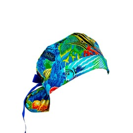 Turn Up Ponytail Medical Scrub Cap - Sea Life Paradise. - Bouffant Scrub Hats, Unisex Surgical Caps, Dr. Hats, Nurses Hats. Scrub Hat for Women & Men tie Back | Working Cap with Holder