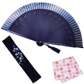 Osaka Choseido Folding Fan, Women's, Stylish, Business, Folding Fan Bag, Handkerchief Included, Sakura Dance (Navy)