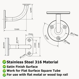 Hand Rail Brackets for Stairs, 2 Pack Stainless Steel 316 Marine Grade Wall Mount Handrail Bracket for Wood & Metal Stair Railing, Support Flat Surface Square Tube, Brush Finish