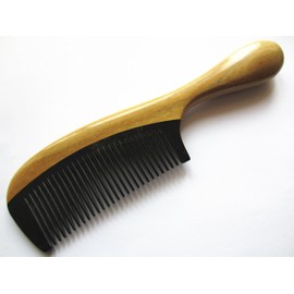 Myhsmooth Gb-yb-nt Handmade No Static Black Buffalo Horn Comb with Green Sandalwood Handle (Rounded)