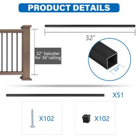 HTWAVE 51 Pack 32" Deck Balusters, Aluminum Balusters for Deck Railing, Metal Deck Spindle Staircase Baluster, Hollow Square Stair Porch Spindles with Screws for Railing Fencing W/Conectors