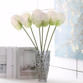 AtHomeYuyue 6pcs Artificial Anthurium Lily Flowers 22" Fake Tropical Flowers for Vase Bouquets Home Office Wedding Decor（Green White）