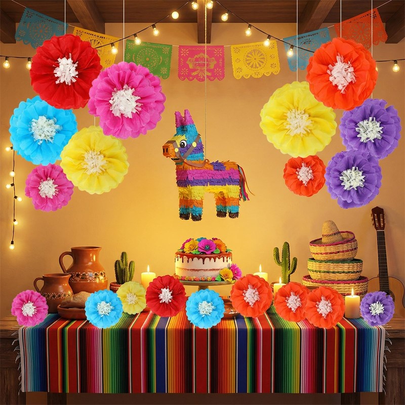 18 Pcs Mexican Paper Flowers Colorful, Tissue Paper Flowers Decorations