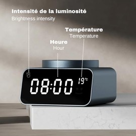 Xoopar - Réveil Numérique Lumineux avec Thermomètre - Reglage Automatique Heure et Température - Configuraton Alarme Facile - Fabriqué en Aluminium - Plastique Recyclé - REDDI ALARM NOIR