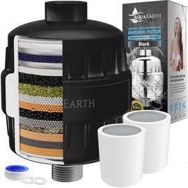 Shower Head Filter For Hard Water Black 20 Stages to Remove Chlorine Fluoride Water Softener Coconut Shell Activated Carbon Reduces Dry Itchy Skin Heavy Metals Other Sediments Vitamin C Aqua Earth