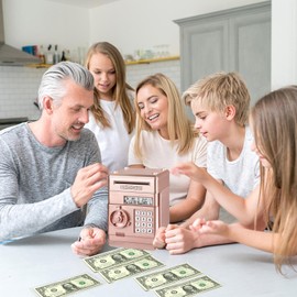 Adevena Electronic Piggy Bank, Mini ATM Password Money Bank Cash Coins Saving Box for Kids, Cartoon Safe Bank Box Perfect Toy Gifts for Boys Girls (Rose Gold)