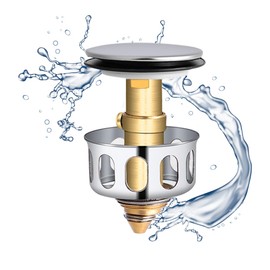 Universal Sink Plug Replacement Push Type Bounce Core Drain Plug Stainless Brass Pop up Sink Plugs with Drain Strainer Sink Stopper Replacement for Bathroom Kitchen 34-40mm Drain Holes