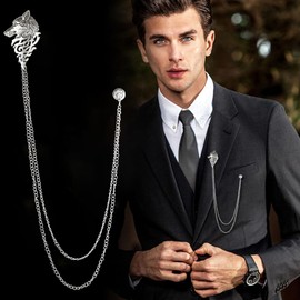 Vintage Wolf Head Suit Pin with Double Hanging Chains Brooch Collar Lapel Pin for Men Shirt Suit Tuxedo Tie Suit Stud Tassel Suit Accessories Jewelry Gifts (Silver)