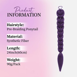 Purple Braids Ponytail Hair 24Inch Pre Braiding Hair with Tie Synthetic Hair Extensions for Halloween Costume Cosplay（24inch/Purple）
