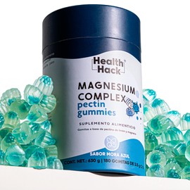 Health Hack Magnesio Complex en Gomitas con 6 Formas, Bisglicinato, Citrato, L-Treonato, Orotato, Malato y Lactato más Vitamina B6 y D3, Sabor Mora Azul, Sin Azúcar, 180 Gomitas Veganas Sin Gluten