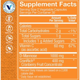 Cranberry with D-Mannose, Urinary Tract & Bladder Health, Antioxidant with 60mg Vitamin C with Cranrich (Cranberry Concentrate) (60 Veggie Capsules) by The Vitamin Shoppe