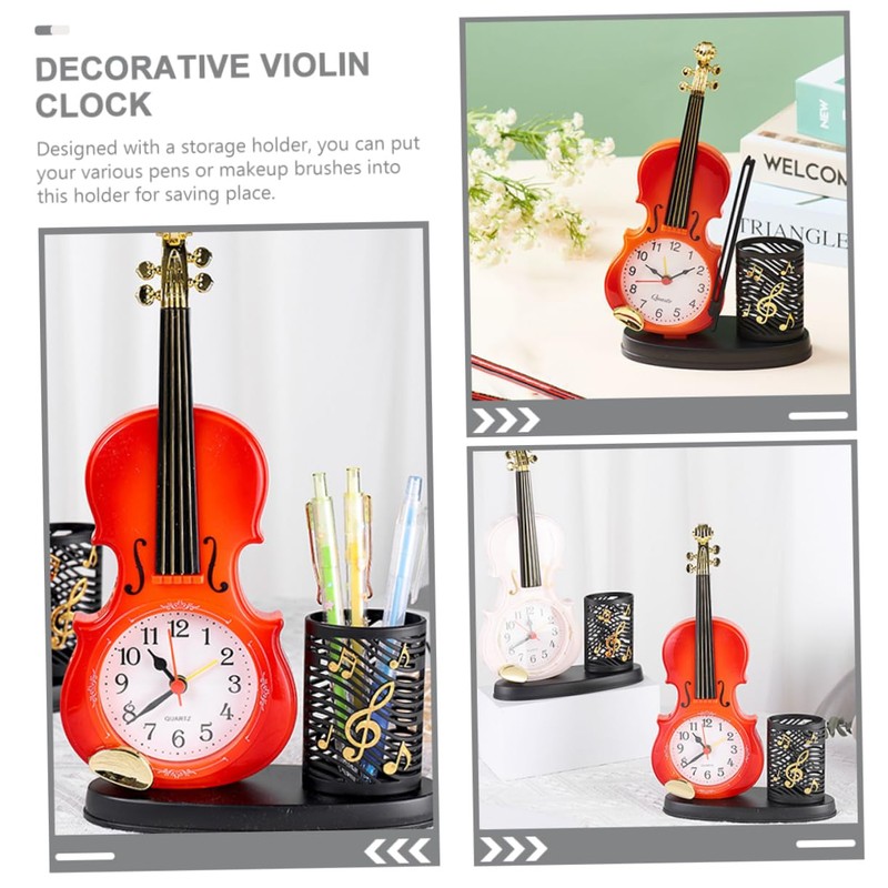 STOBAZA Violin Model Clock Pen Holder Unique Decorative Alarm Clock