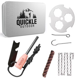 Quickle® Fire Steel, Wool and Camping Tripod for Cooking, Portable Campfire and Metal Box for Safe and Dry Storage, 125 x 95 x 35 cm