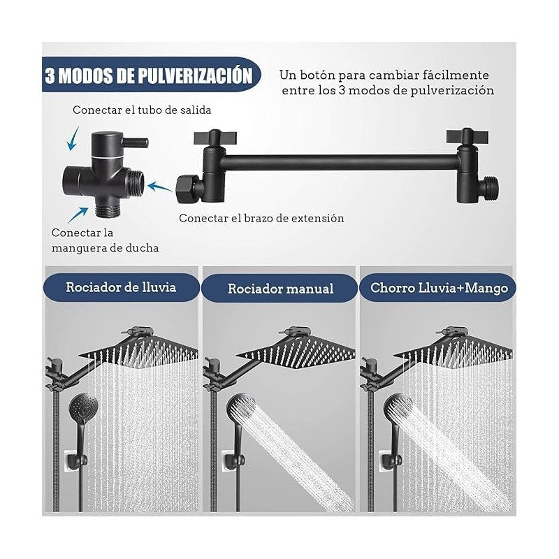 Regadera de Ducha para Baño Negro 10 Pulgadas,Combo con Cabezal