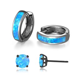 CiNily 2 Pairs Hoop Earrings sets,Blue Opal Small Stud Earrings 14K Black Gold Plated Mini Huggie Hoops Hypoallergenic Tiny Cartilage Earrings for Women Men Jewerly